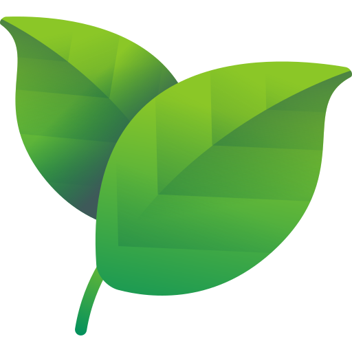 The image displays a stylized leaf with a simple design, featuring a green color and a minimalistic outline.