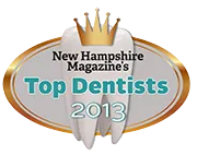 The image shows a badge with text that reads  NEW HAMPSHIRE MAGAZINE S TOP DENTISTS 2013  and includes an emblem of a tooth with a crown above it.