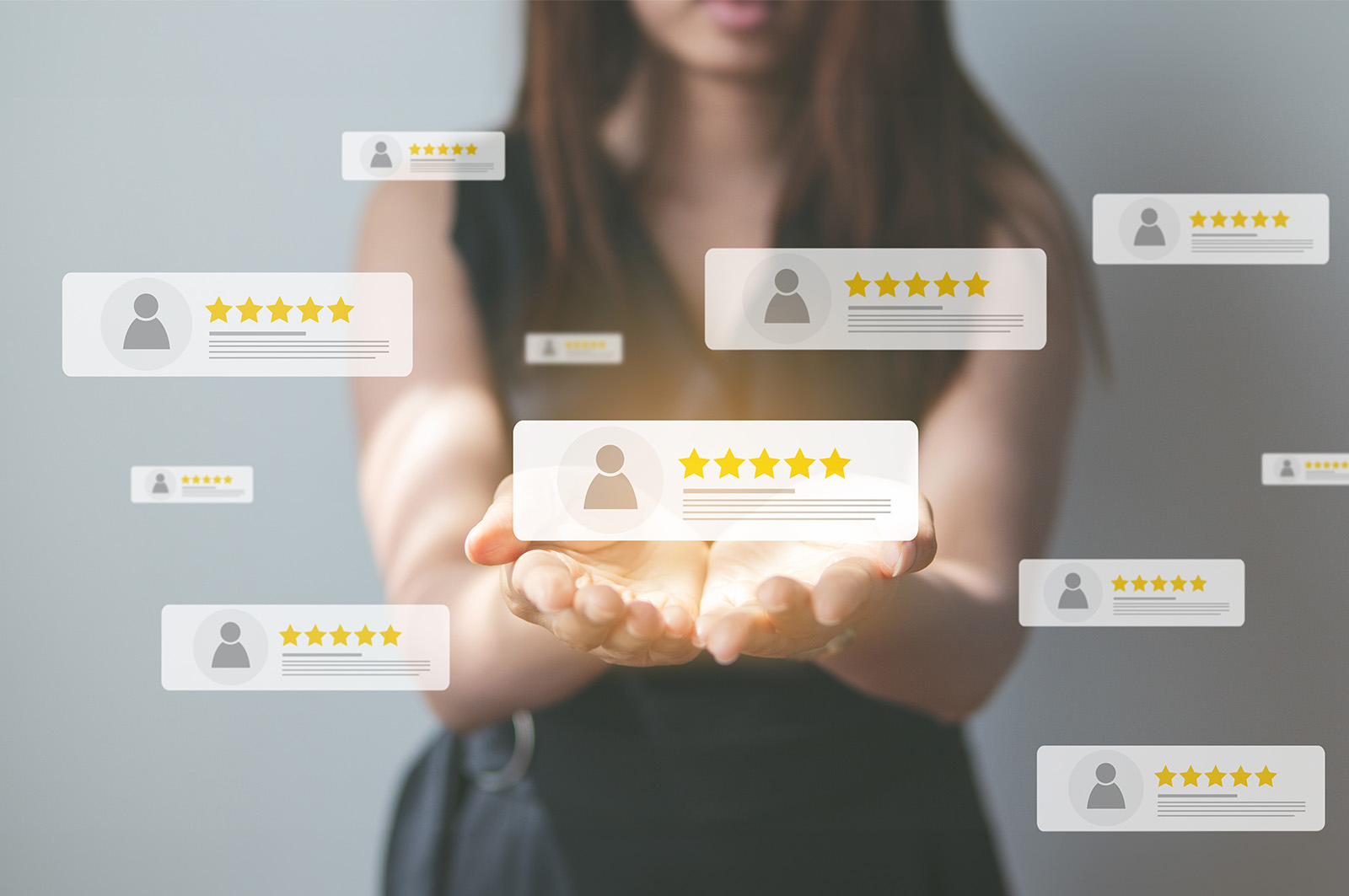 The image shows a person holding out their hand with a glowing, golden star-like design emanating from their palm, which connects to various social media icons with thumbs-up symbols on them, suggesting endorsement or approval.