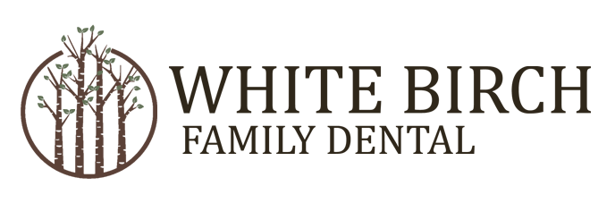 The image displays a logo with the text  WHITE BIRCH FAMILY DENTAL  prominently at the top, featuring a stylized green leaf design above the name, and below the name is a dental clinic s contact information with the word  DENTAL  in capital letters. The style of the image is graphic and appears to be a digital creation intended for branding purposes.